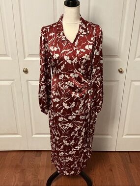 Long Sleeve Burgundy Floral Wrap-Style Midi Dress